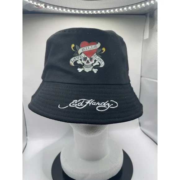 Ed Hardy Loves Kills Slowly Logo Adjustable Bucket Hat Unisex New - Picture 1 of 7